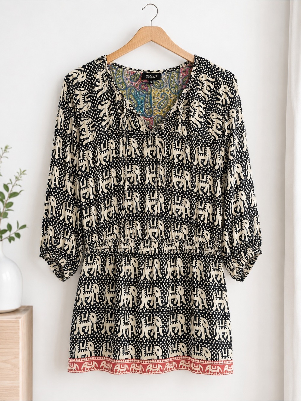 Tolani 100% Silk Elephant Print Tunic Blouse Small Boho Paisley Black Cream